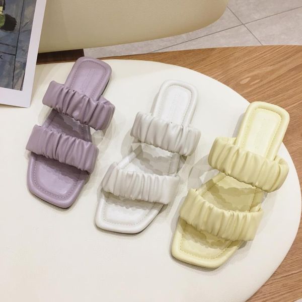 

pleated double band pigskin flats slippers women pleated sew candy colos slides cozy brief wrinkle soft bottom sandals women2020, Black