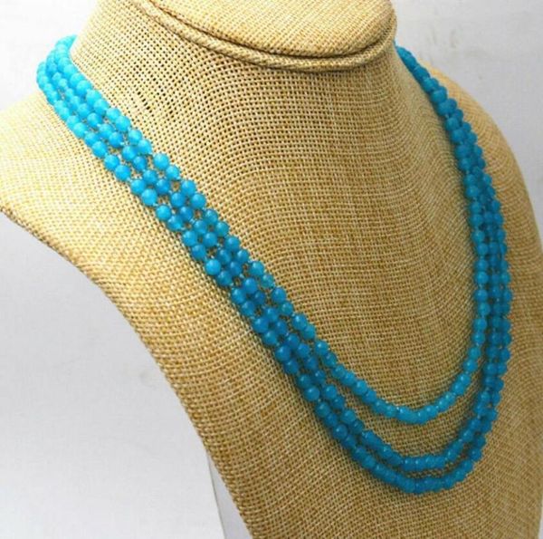 

fashion jewelry 3 rows small 4mm light blue brazil aquamarine round gems beads necklace 17-19, Silver