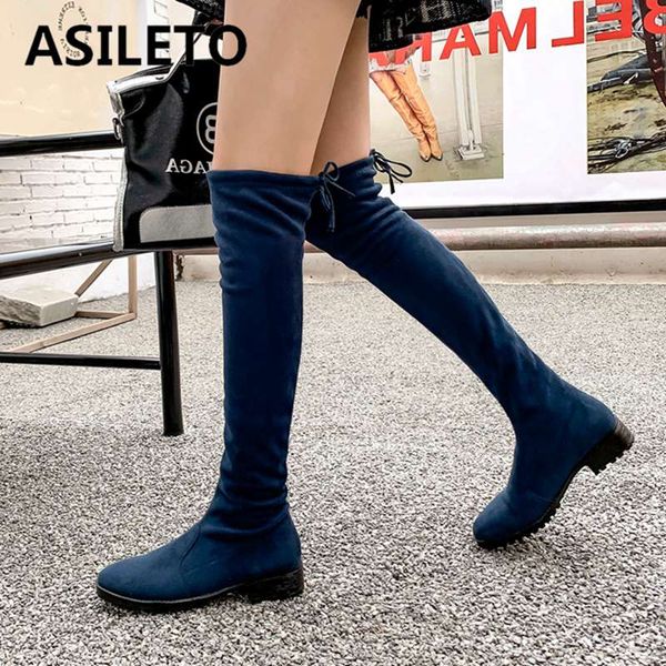 

asileto leopar boots for women lace up stretch fabric knee high boots size 34-43 autumn winter shoes flat heels bottines mujer, Black