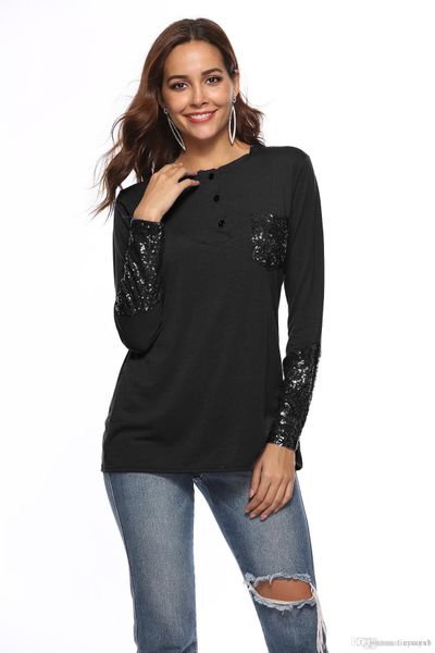 

new fashion ladies autumn spring t-shirt casual button v neck cotton long sleeve sequined summer top, White;black