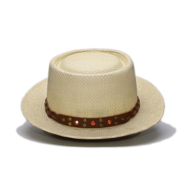 

big size women men summer fashion raffia straw pork pie pork-pie sun hat beach boater outdoor cap citrine leather band 57-60cm, Blue;gray