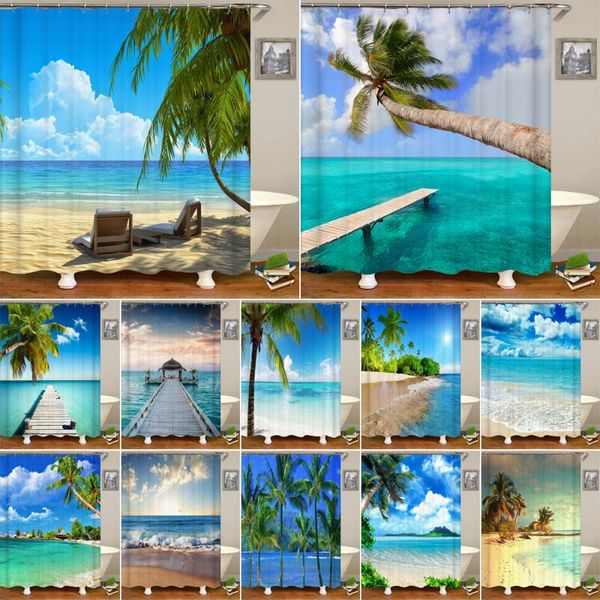 

shower curtains large size sunny beach printed fabric sea scenery bath screen waterproof products bathroom decor