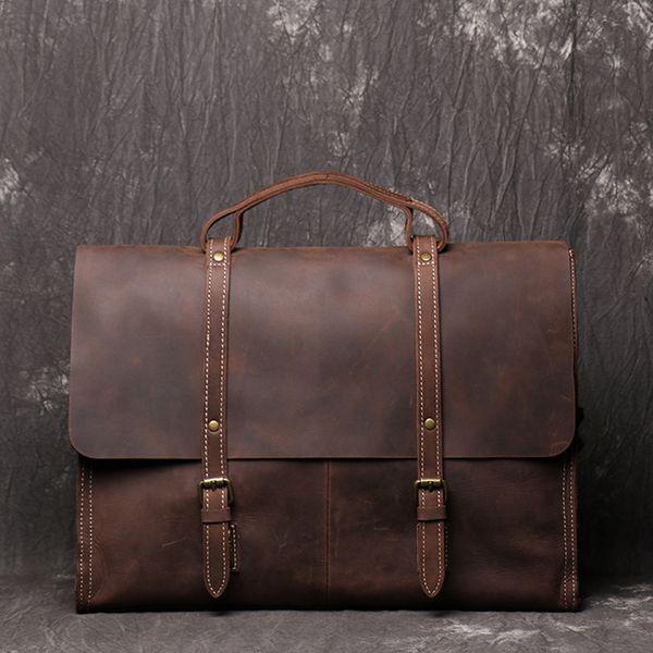 

vintage crazy horse leather briefcase men genuine leather lapbag mens handbag cowhide shoulder business bag