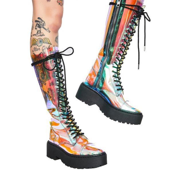 

2020 spring autumn boot women's colorful transparent knee high long boots platform heel lace up booties combat party shoes, Black