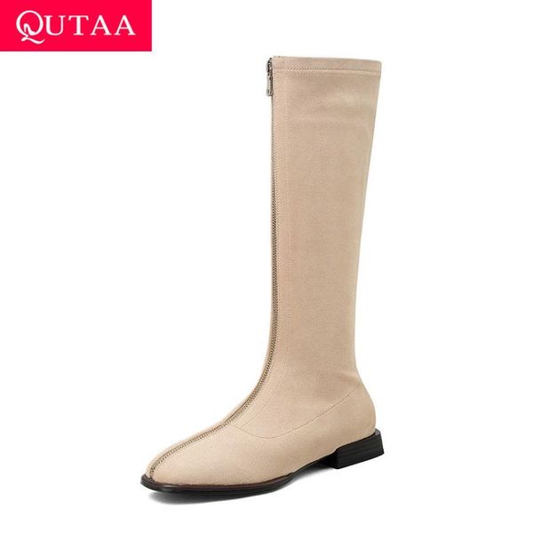 

qutaa 2021 mid calf women boots autumn winter square toe zipper women shoes pu leather flock square heel long boots size 34-43, Black
