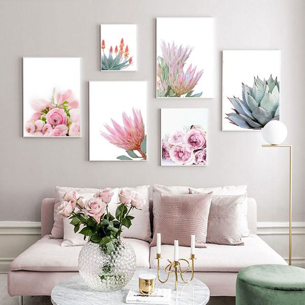 

pink flower canvas painting nordic tropical plant poster and print succulent cactus wall picture for living room home decor