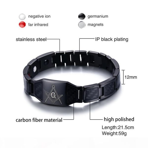 

man braslet black stainless steel mens magnetic bracelet with carbon fiber inlay masonic logo fashion jewelry y1891908