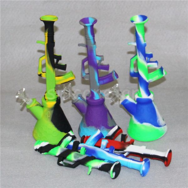 10.6 '' Makineli Tabancası Şekli AK47 Waterpipes Nargile Taşınabilir Silikon Su Bong Kırılmaz Shisha Nargile Tütün Sigara Borular ile 14mm Eklem