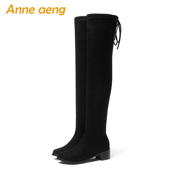 

2020 new spring/autumn ladies elastic kid suede shoes middle square heel women over the knee black motorcycle boots size 34-43
