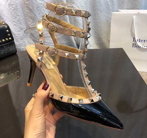 

6cm women brand sandal classics v high heel sandals with rivets real leather red wedding shoes thin heel pointed 34-43 bag, Black
