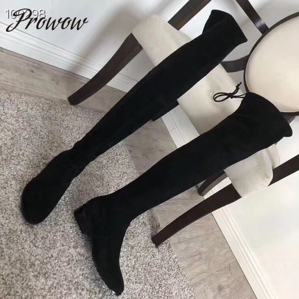 

prowow luxury autumn winter stretch fabric lace up over the knee high thin boots, Black