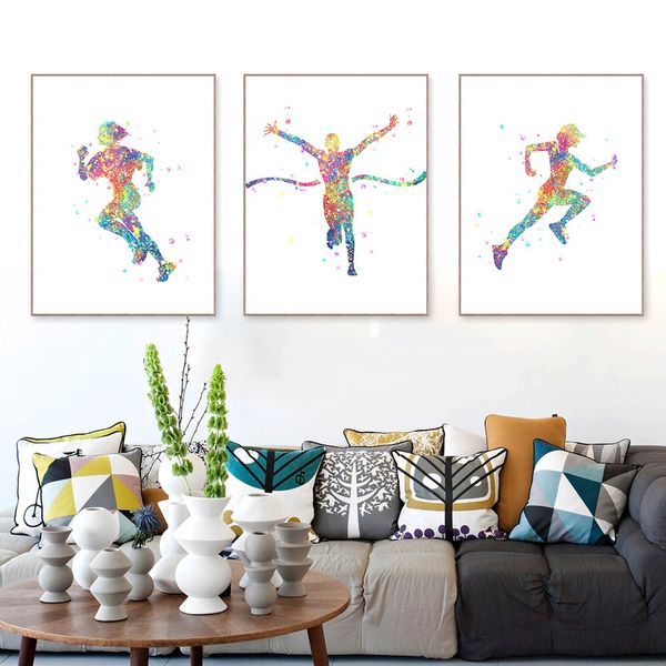

watercolor running poster canvas painting abstract colorful black n white sport man wall picture living room home decor gift