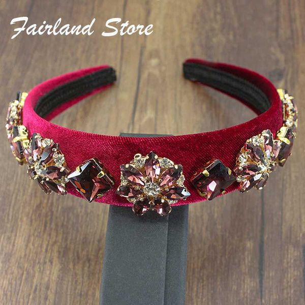 

fairland luxury vintage velvet wine red crystal baroque hairband elegant rhinestone flower headband women party hair accessories, Golden;silver