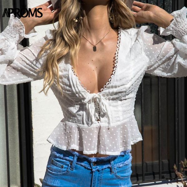 

aproms vintage polka dot lace-up chiffon mesh blouse women casual v-neck side zipper white blouses female long sleeve 2020