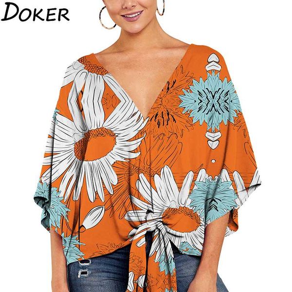 

summer elegant office blouse women clothes v-neck 3/4 sleeve floral print streetwear shirts womens and blouses plus size, White