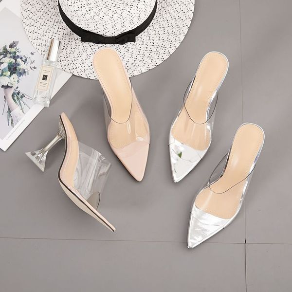 

pointed toe transparent slippers shoes woman 2020 women heels big size high thin pu basic fabric pumps slides sewing pvc tpr, Black