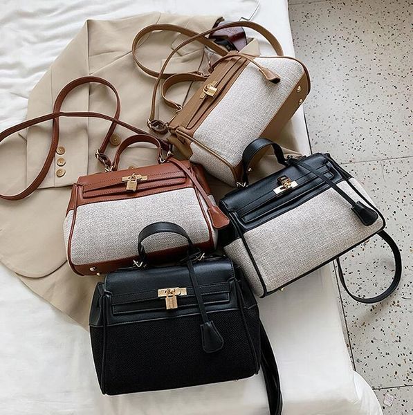 

factory wholesale women bag elegant atmosphere contrast leather handbag canvas handbags large fashion leathers shoulder bags, Black;red