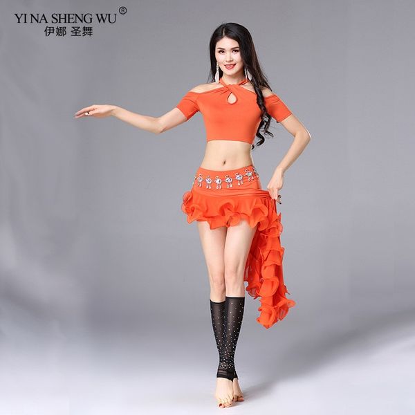 

stage wear women fashion bellydance practice clothes off-shoulder professional belly dance oriental costume set skirt split, Black;red