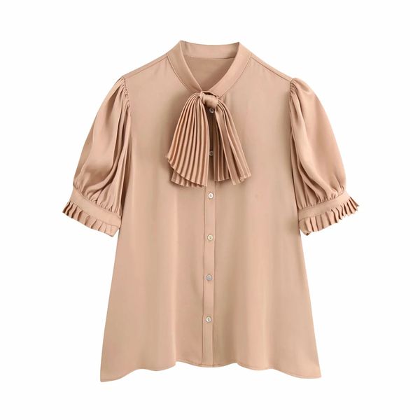 

2020 women's blouses shirts summer new women's wear clothing short sleeve small pleated bow shirt, White