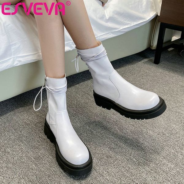 

esveva 2021 elegant zipper fashion pu+leather mid calf boots autumn winter ladies round toe med heel women shoes size 34-42, Black