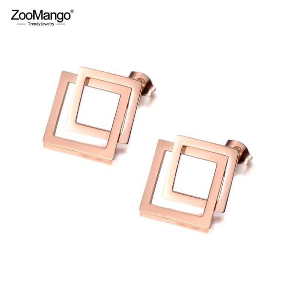 

zoomango fashion stainless steel double square geometric party earrings rose gold handmade ear jewelry for women girls ze19168, Golden;silver