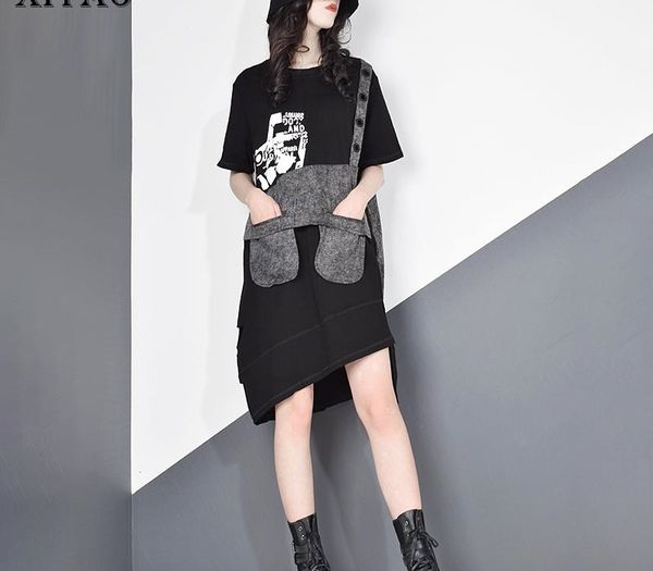 

xitao plus size patchwork irregular black dress women clothes 2020 summer new fashion loose casual elegant dress vintage zll5263, Black;gray