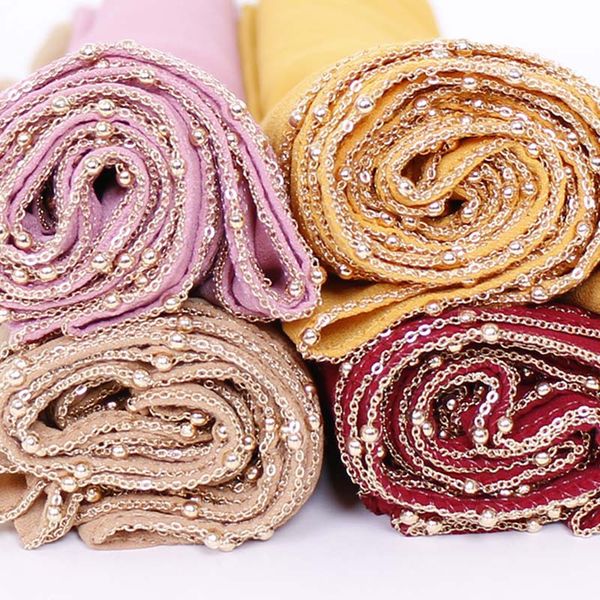 

1 pcs plain gold beads chain bubble chiffon instant hijab scarf ladies wrap shawls muslim headband fashion maxi islamic sjaal