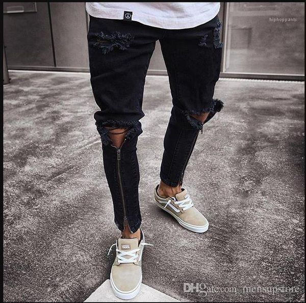

ripped slim fit represen pencil pants men zipper holes designer jeans black, Blue