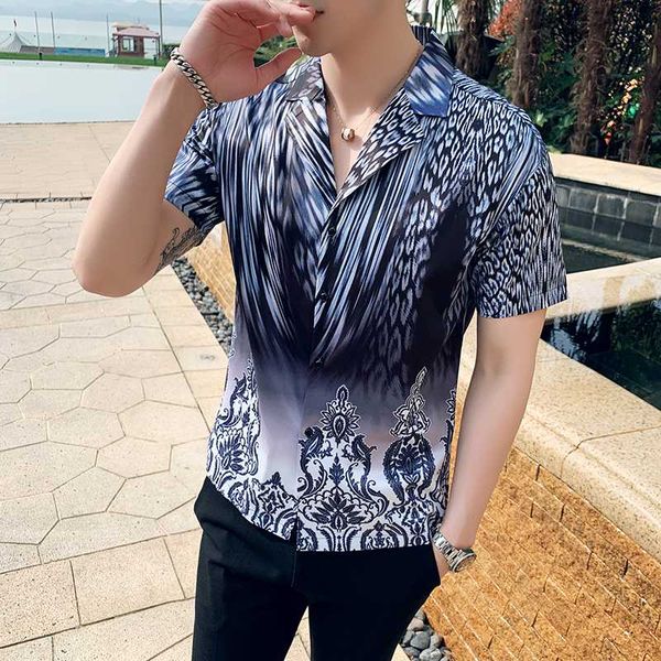 

19 summer new style short-sleeved shirts social young men printed shirts retro-antique 2110-p55, White;black