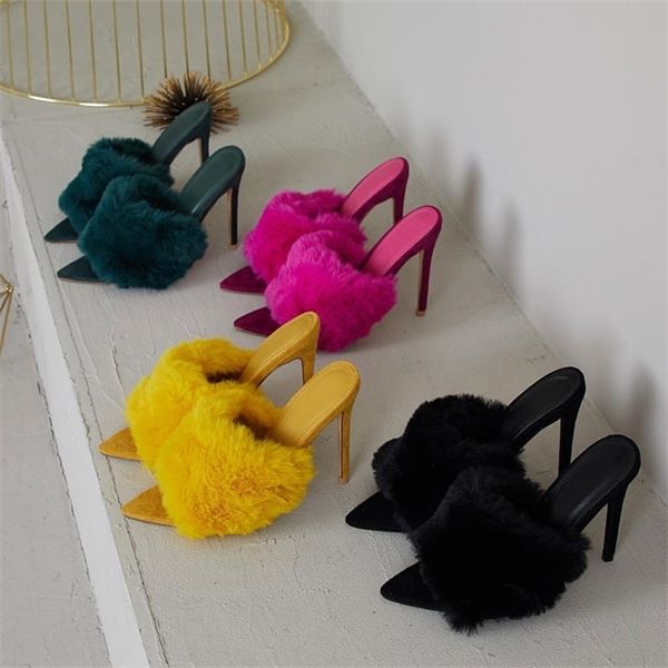 

ladies shoes fashion women sandals high heel luxury rabbit fur high heels sandals slippers women shoes sandalias mujer 0922, Black