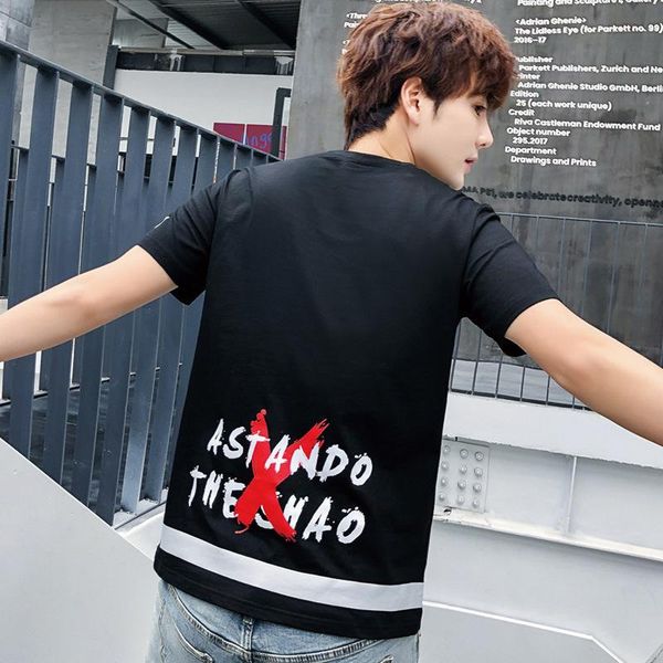 

pop2019 t t-shirt slim pure cotton short sleeve youth cool time korean trend round neck a t-shirt. jacket men's wear, White;black