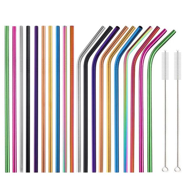 

us stock 6*215mm 304 stainless steel straw bent straight reusable colorful straw drinking straws metal straw cleaner brush bar drinking tool