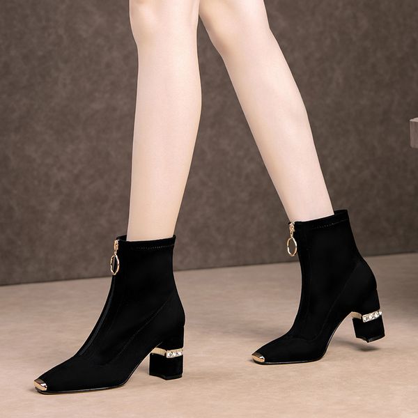 

luxurious stretch fabric rhinestone metal decoration high-heeled women single boots heel square suede large size women's boots, Black