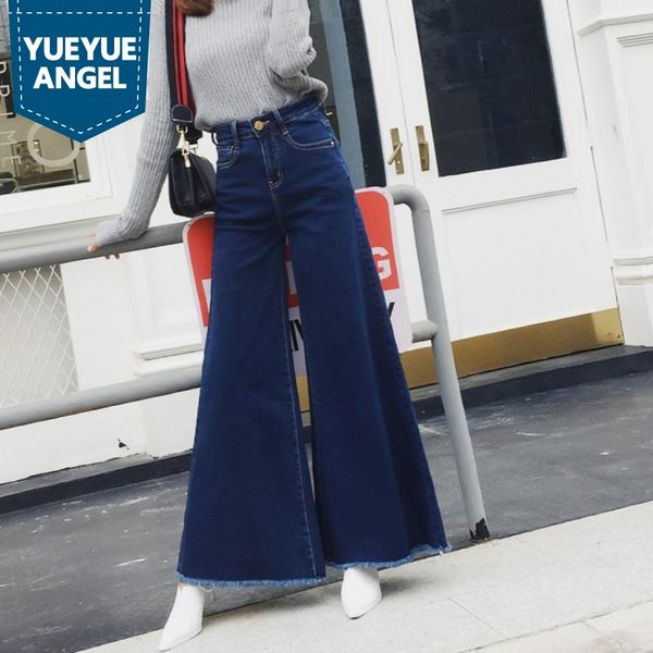 

fashion women high waist wide leg pants retro tassels office ladies jeans flare trousers spring autumn loose long denim pants, Blue