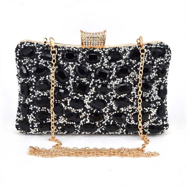 

fashion shine stone evening bag wedding soiree bridal silver black clutch purse with chain handbags female pochette packet