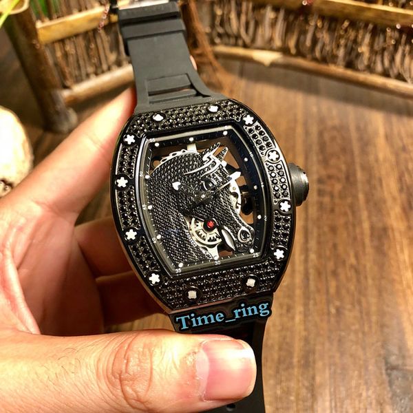 

edition rm052-2 skeleton dial black diamond case japan miyota automatic movement rm052-2 mens watch rubber strap brand sport watches, Slivery;brown