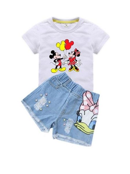 

girls clothing set little girls shirt&broken hole denim shorts duck sequin embroidery cute kids clothes toddler outfits, White