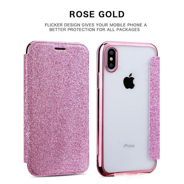 

for iphone 8 7 6 6s x plus bling pu soft tpu glitter powder flip clear back (7 color)