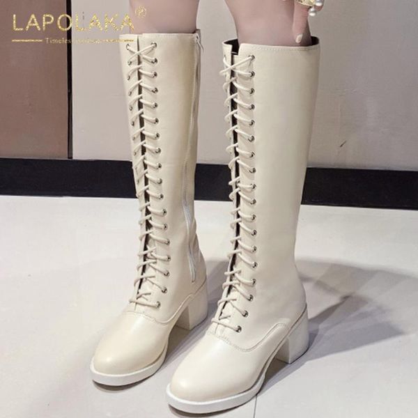 

lapolaka 2020 new design chunky heels mid calf boots woman shoes zip up platform concise cross-tied fashion shoes lady boots, Black