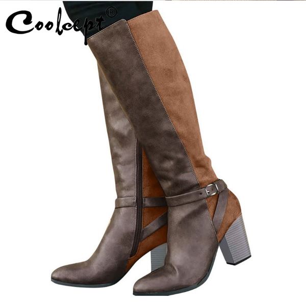 

coolcept boots women's new winter thick high heels pointed toe women's high boots fashion side zipper warm footwear size 35-43, Black