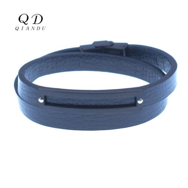 

qian du men's leather bracelet stainless steel rectangular accessories fashion 2020 double leather bracelet jewelry, Black