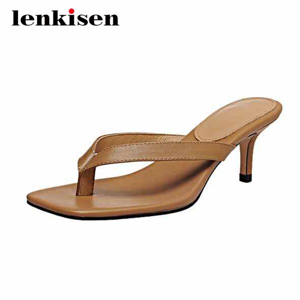 

lenkisen new leisure genuine leather flip flop handmade square toe thin high heel mules slip on summer sandals l28, Black