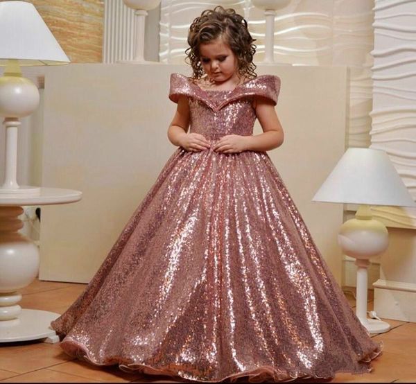 

rose gold sequins flower girls dresses for wedding off the shoulder cap sleeves first communion dresses custom made girls pageant gowns, White;blue