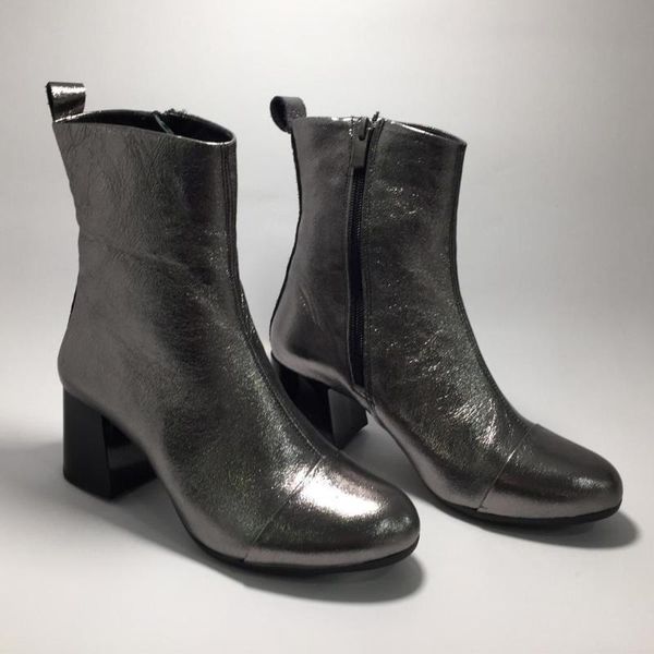 

women genuine leather platinum ankle winter boots autumn shoes female thick short booties real patent leather stones, Black