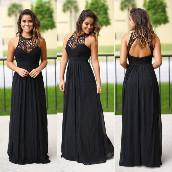 

Sexy Long Black Chiffon Junior Bridesmaids Dresses Halter Neck Cheap Lace Country Beach Summer Bridesmaid Dress Wedding Guest Party Gowns