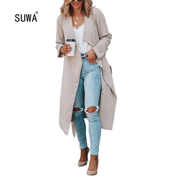 

wholesale classical streetwear women pure color cardigan long trench 2020 spring femme long sleeve v neck overcoats 3 color, Tan;black