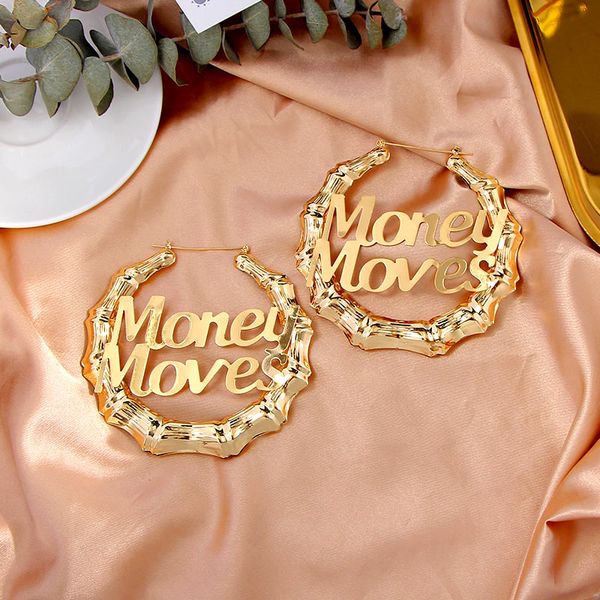 

new gold silver color 90mm big bamboo circle hoop earrings for women hip hop large letter geometric earrings 2020 jewelry gift, Golden;silver