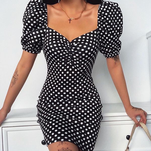 

2020 women short sleeve strap dress clubwear summer print bodycon slim party mini dresses polka dot vestidos, Black;gray