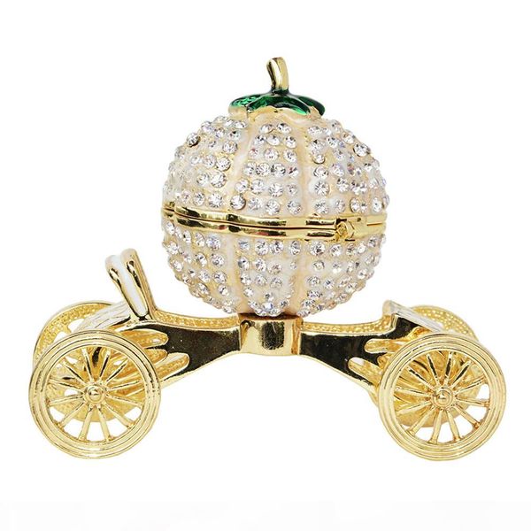 

crystal bejeweled pumpkin carriage trinket jewelry box faberge russian wedding ring gift favor decoration metal crafts tabletop, Black;white