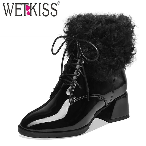 

wetkiss lambswool snow boots women patent pu ankle booties fur thick heels shoes female square toe lace up shoes ladies winter, Black